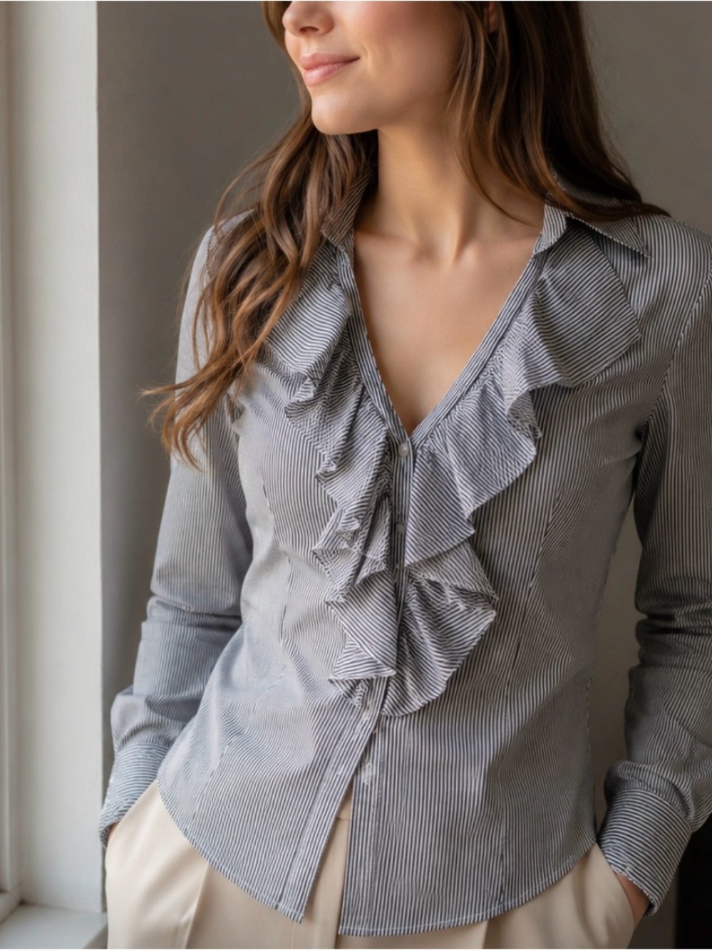 White House Black Market Black and White Striped Ruffle Button-Down blouse